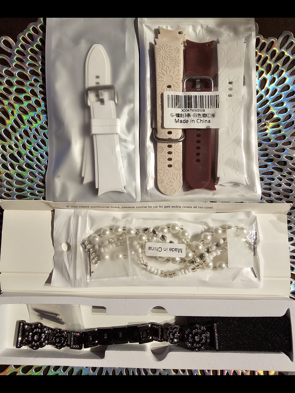 6 Assorted Watch Straps & Bracelet Set - White, Beige, Burgundy, Pearl, Black